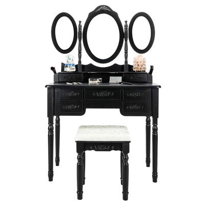 

Vanity Table Set Tri-Folding Mirrors Makeup Table with 7 Drawers Stool Black