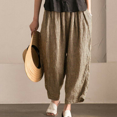 

Tailored Womens Cotton Linen Wide Leg High Elastic Lattice Summer Pants Loose Trousers