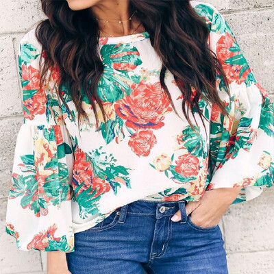 

Floral&Leafage Printed Lantern Long Sleeve Top