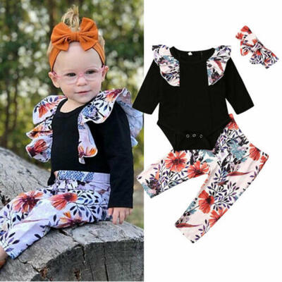 

Toddler Baby Girls Kid Fly-Sleeve Tops Jumpsuit Flower Trousers Headband Clothes
