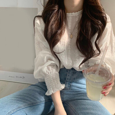 

Womens Casual Party Tops Loose Long Sleeve Round Neck Lace Baggy Shirts Blouse