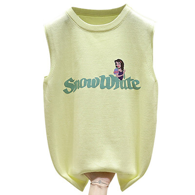

Women Summer Casual Sleeveless O-Neck Pullover Letter & Cartoon Print Slim Knitted Female Tank Top