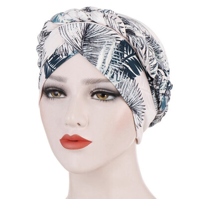 

6 Colors Muslim Women Flower Print Turban Cancer Braided Chemo Hat For Women Stretch Head Scarf