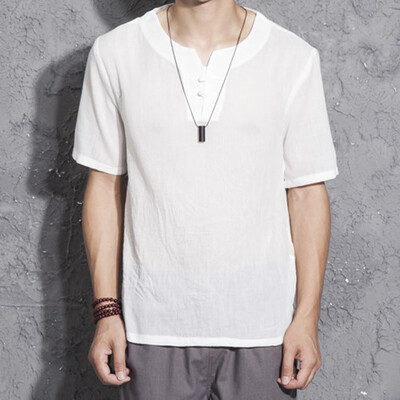 

Toponeto Mens Linen Short Sleeve Solid Color Crew Neck Loose Casual T Shirt Blouse