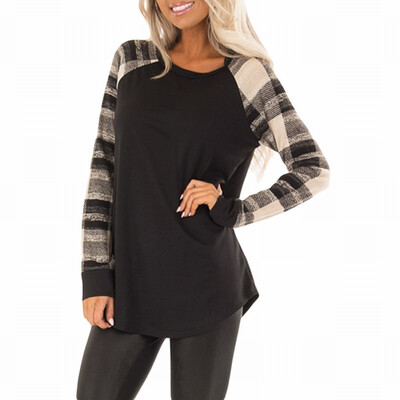 

Round neck long sleeve color block stitching womens T-shirt womens shirt