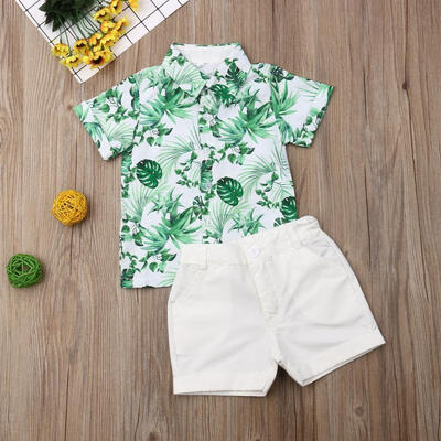 

Toddler Kids Baby Boy Gentleman Green Leaf Printing Short Sleeve T-Shirt Button Shirts Shorts Pants 2Pcs Summer Outfits 1-6Y