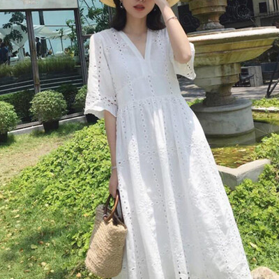 

Women Fashion Casual Strap Long Over The Knee Hollow Lace Decoration Maternity Dress