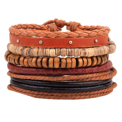 

Bohemian National Style Coconut Shell Wood Beads Wax Rope Leather Rope Manual Weaving Flanging Bracelet