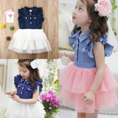 

Toddler Kids Baby Girl Summer Princess Denim Tulle Tutu Party Dress Clothes 2-7Y