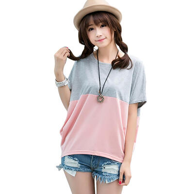 

Large Size Splicing Color Loose Tee Tops Women Short Batwing Sleeve T-shirt