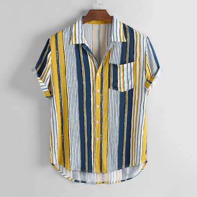 

Toponeto Mens Colorful Stripe Summer Short Sleeve Loose Buttons Casual Shirt Blouse