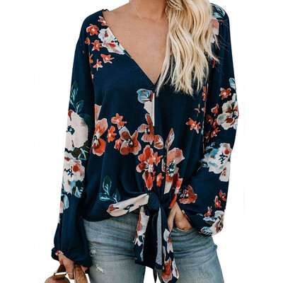 

Womens Autumn Loose Tops Casual V-neck Long Sleeve Printed Tie Up Silky Shirts