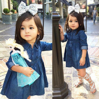 

US Stock Kids Baby Girls Denim Jeans One Picece Princess Dress Long Sleeve Skirt