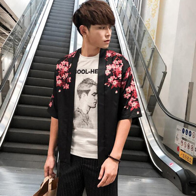 

Mens Japanese Kimono Casual Cardigan Half Sleeves Open Front Cloak Jacket Coat