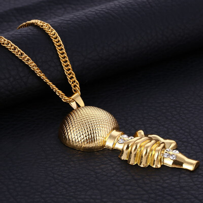 

Rock Rapper DJ Night Club Long Chain Jewelry Microphone Necklaces & Pendants Gold Color Rhinestone Men Necklace Gift