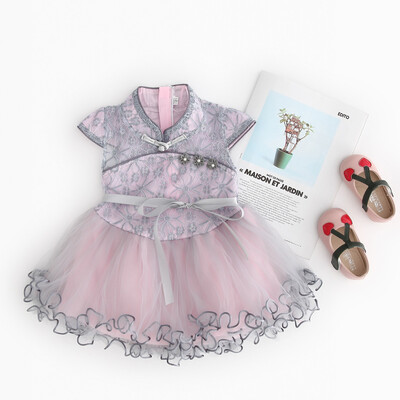

Toddler Kid Baby Girl Floral Printed Lace Patchwork Cheongsam Princess Dress