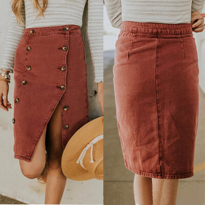 

Roseonmyhand Women Fashion Elastic Button Denim Open Casual Boot Cut Skirt