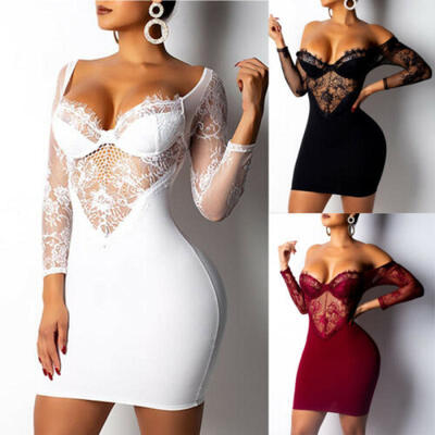 

Womens Off Shoulder Bodycon Lace Evening Party Cocktail Club Short Mini Dress