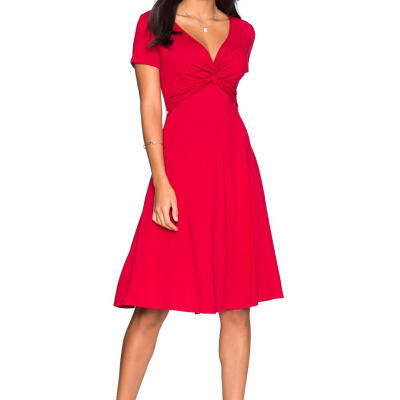 

Solid Color A-line Dress Women V-neck Knot High Waist Short Sleeve Dresses