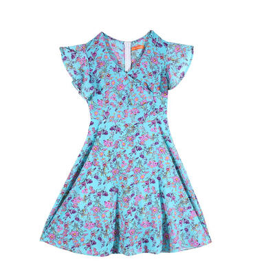 

Women Chiffon Vintage Summer Ruffle Sleeve Floral Print V-Neck Beach Dress