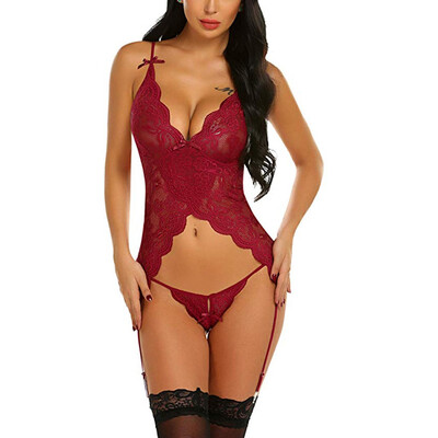 

Gobestart Sexy Women lady Lace V-neck Bodysuit Underwear Thong With Garter Lingerie Set