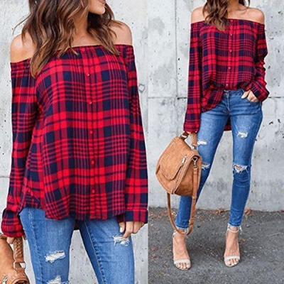 

Womens Off Shoulder Long Sleeve Button Down Red Plaid T-Shirt Blouse Top