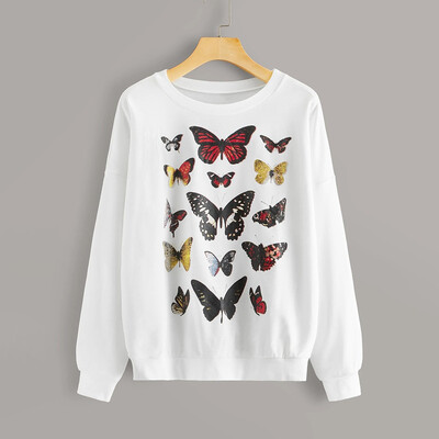 

Tailored Women Autumn O Neck Drop Shoulder Butterfly Print Sweatshirt Casual Blouse Tops
