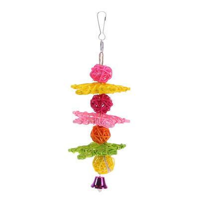 

Pet Bird Toy Rattan Ball Hanging Bird Bites Toy w Bell Parrot Stand Holder