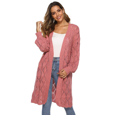 

Fashion Solid Color Hollow Out Women Cardigan Coats V Neck Long Sleeve Autumn Casual Loose Feminino Outerwear