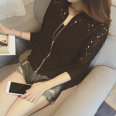 

Korean stylish thin long sleeve lace hollow out Jackets for female Anti-UV Fashion Short outwear White Bomber women clothing