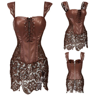 

SLIMBELLE Women Sexy Faux Leather Steampunk Boned Bustier Black Lace Dress Corset Clubwear