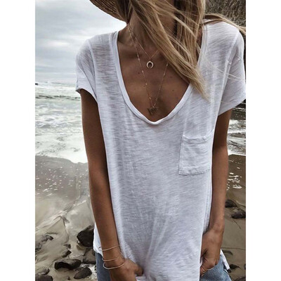 

Starmoon Women Casual Solid Pocket Blouse Short Sleeve Loose Top Shirt Tee