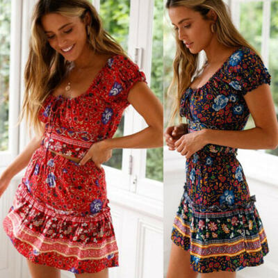 

Womens Chiffon Square Neck Crop Top Pleated Mini Skirt Holiday Beachwear