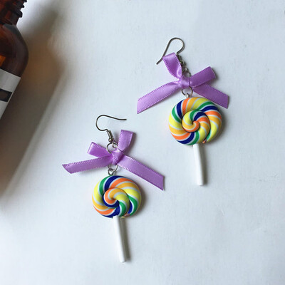 

New Bow Tie Rainbow Swirl Lollipop Earrings Earring Candy Costume Trendy Style Woman Girl Jewelry