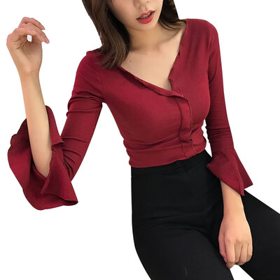 

Women Summer Long-sleeved T-shirt Solid Color Ruffled Short Section Slim Slimming Shirt V-neck Irregular Top