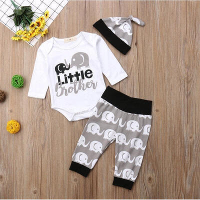 

Newborn Baby Boy Little Brother Tops Romper Elephant Pants Hat Outfit Clothes