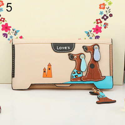 

Women Long Faux Leather Dog Pendent Wallet Double Zip Hasp Purse Card Holder Bag