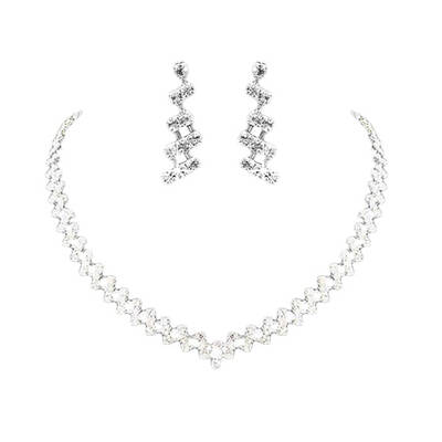 

Rhinestone Studded Necklace Earring Set Alloy Neck Chain Pierced Dangling Drop Pendant Eardrop Wedding Jewelry