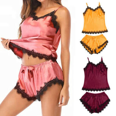 

Hot Women 2Pcs Sleepwear Set Lace Sleeveless Top Short Lingerie Suit Nightdress