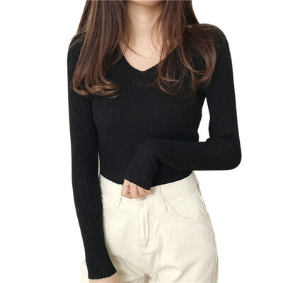 

Slim Autumn Sweater Women Fashion Casual V-Neck Sweaters Solid Color Winter Basic Tops Wild Long Sleeve Sweat Shirts