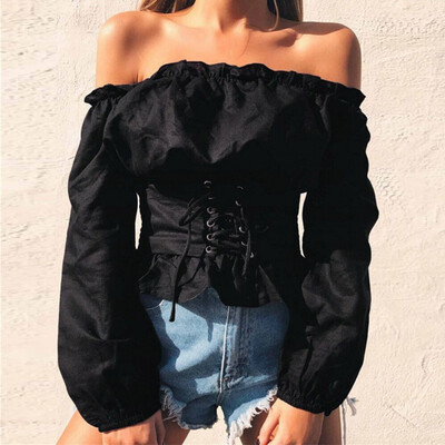 

t shirt women Off Shoulder Sexy Ruffled One Word Collar Lace-Up Solid Color Long Sleeve Summer Casual t shirt women