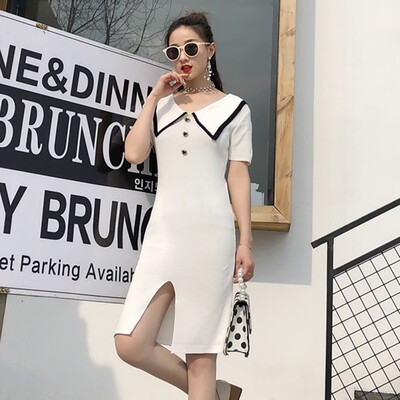 

Women s Sexy Slash Neck Bodycon Color Block Knitted Short Sleeve Peter Pan Collar Midi Dress