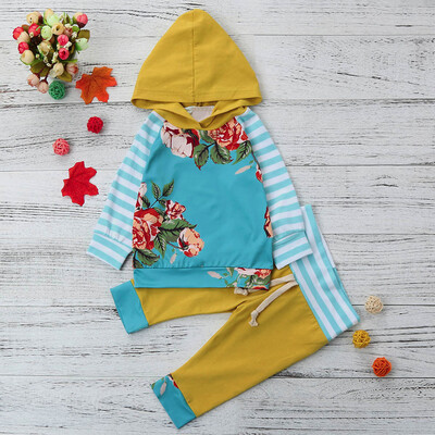 

Newborn Infant Baby Floral Stripe Print Hoodie TopsPants Outfits Clothes Set