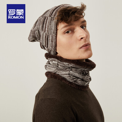 

ROMON ROMON autumn&winter hat mens trend wild warm neck set wool hat plus velvet knit hat windproof cap combination coffee