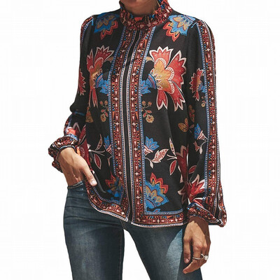 

High-neck long-sleeved shirt womens slim printed shirt