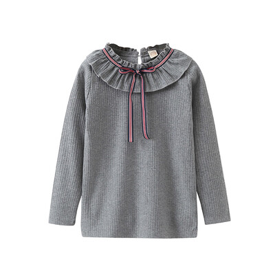 

Toddler Infant Baby Girl Bow Pure Color Long Sleeves Ruffles O-Neck Shirt Blouse