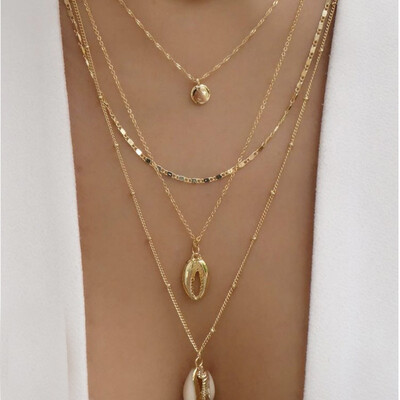 

Fashion Women Necklaces Shell Round Beads Pendant Clavicle Chain Multilayer Gold Long Necklace Set Charm Clothing Accessories