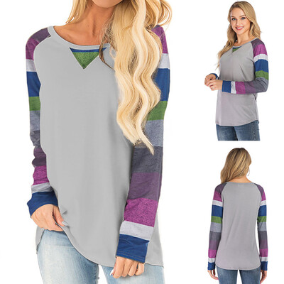 

Starmoon Women Casual Multicolor Stripe Blouse Round Neck Long Sleeve Splice Shirts Top