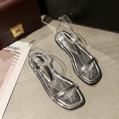 

One-word buckle with flat sandals womens summer 2019 new Korean version of Joker students simple thin square toe womens shoes