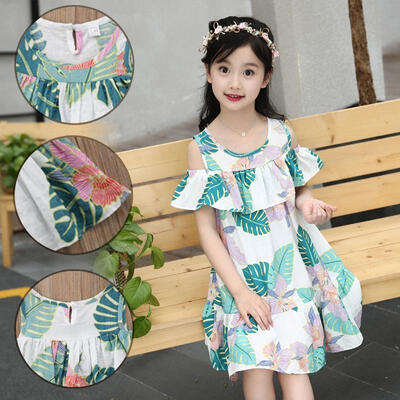 

1-6T Kids Baby Girl Off Shoulder Skirt Leaves Print Dress Party Sundress Clothes